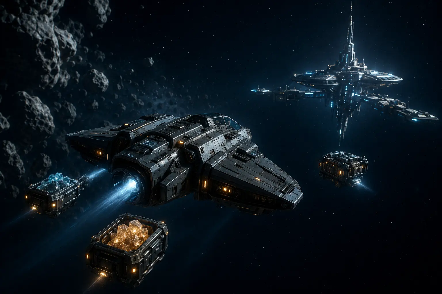 Convoi transportant des minerais vers une base orbitale